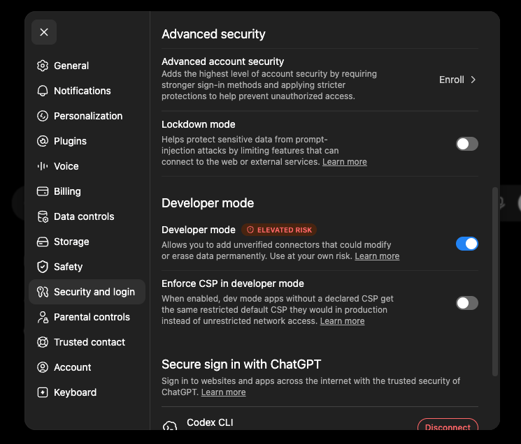 ChatGPT settings — Security and login, with the Developer mode toggle at the bottom